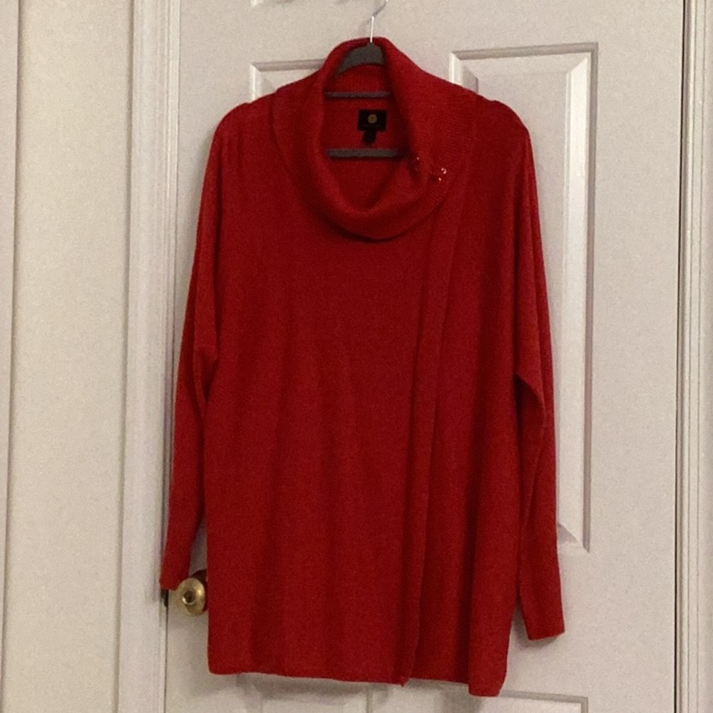 RED TUNIC LENGTH SWEATER WITH COWL NECK